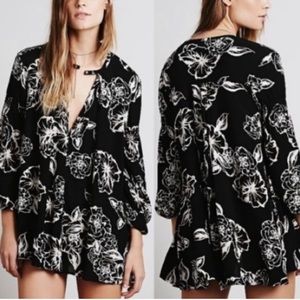 Free people Floral Foil Print Swing Tunic mini dress XS Black